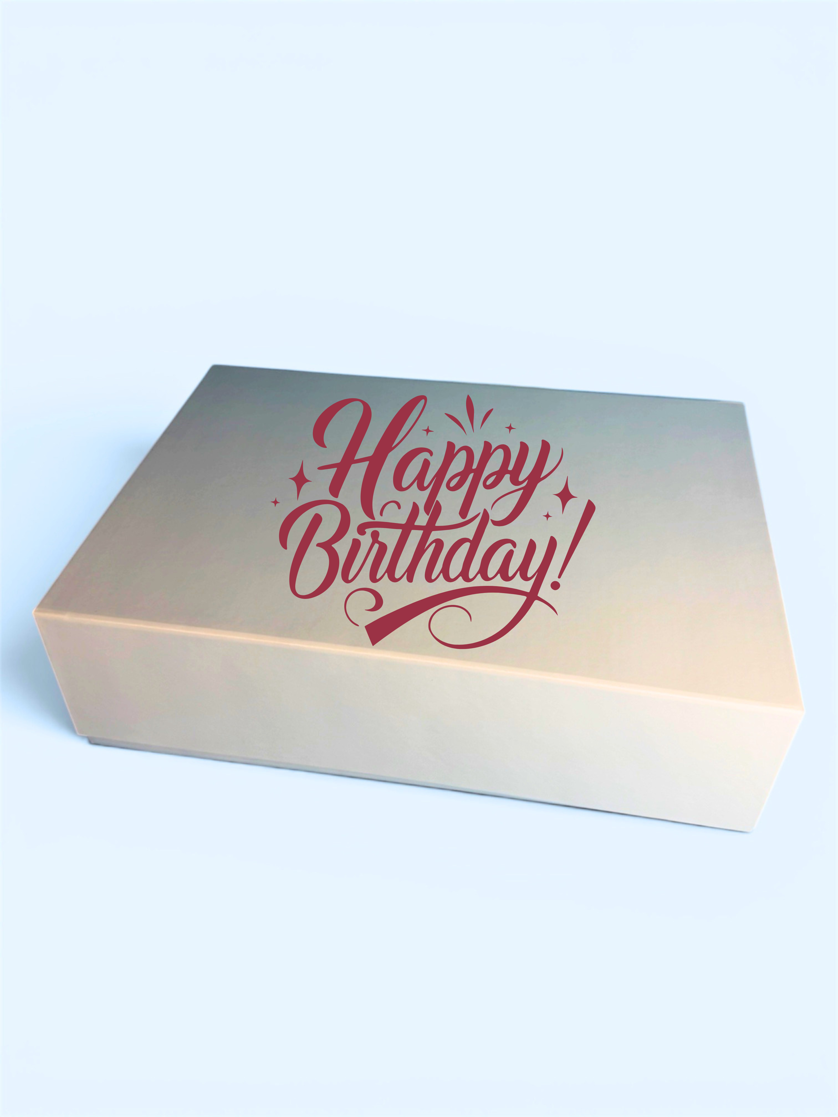 White gift box with 'Happy Birthday!' text on a light blue background