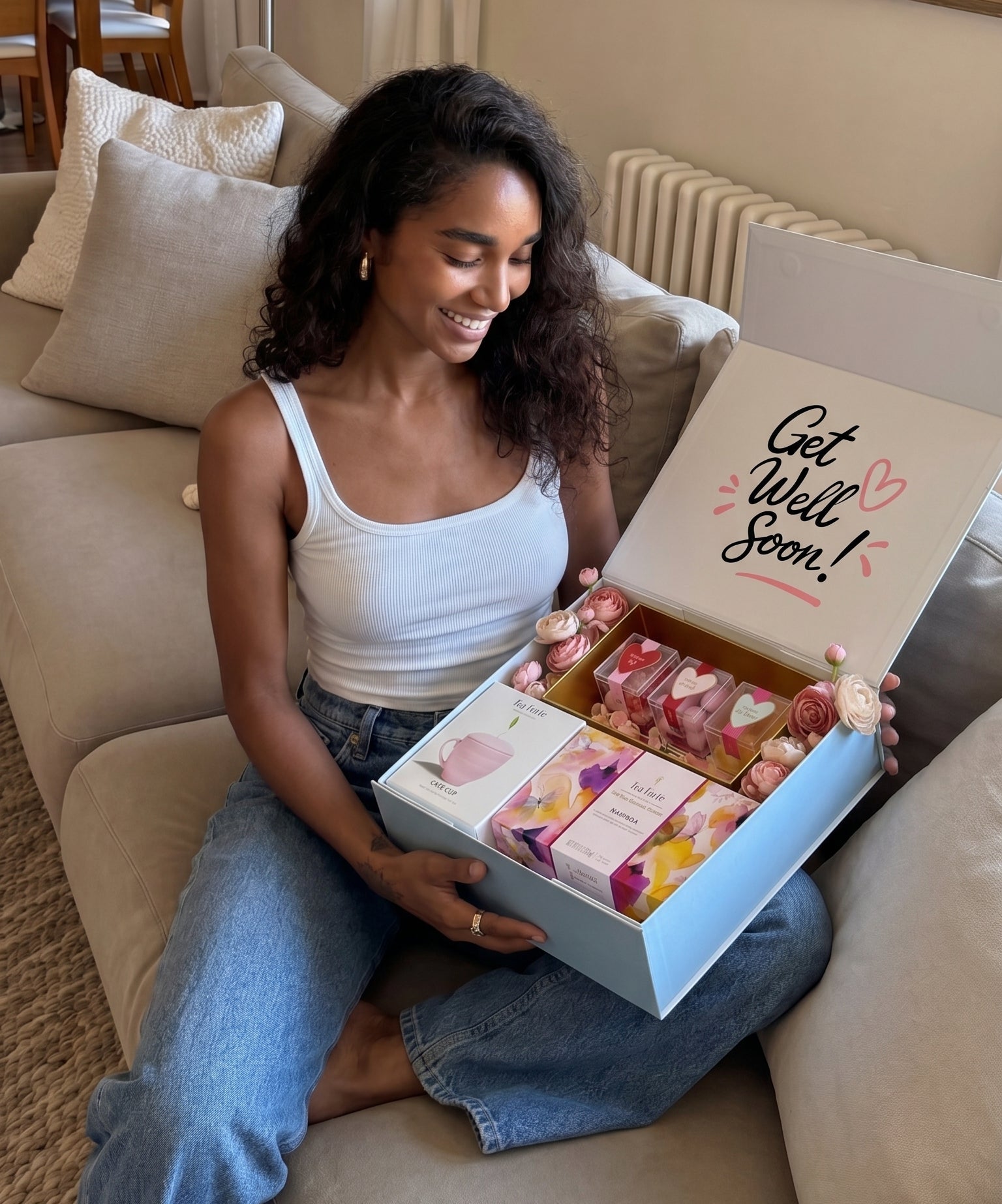 Woman sitting on a couch holding a box of pink flowers with 'Get Well Soon!' card.