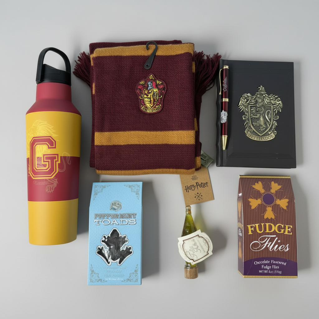 Collection of Harry Potter-themed items including a water bottle, scarf, notebook, and candies on a blue background.