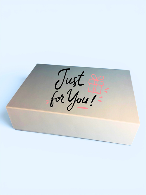 Gift box with 'Just for You!' text on a light blue background