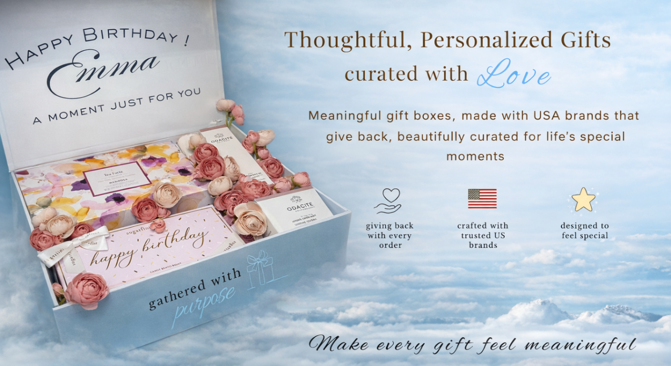 Gift box with Organic Tea forte set, Sugarfina candy, Odacite body care products. Personalized and decorated with flowers