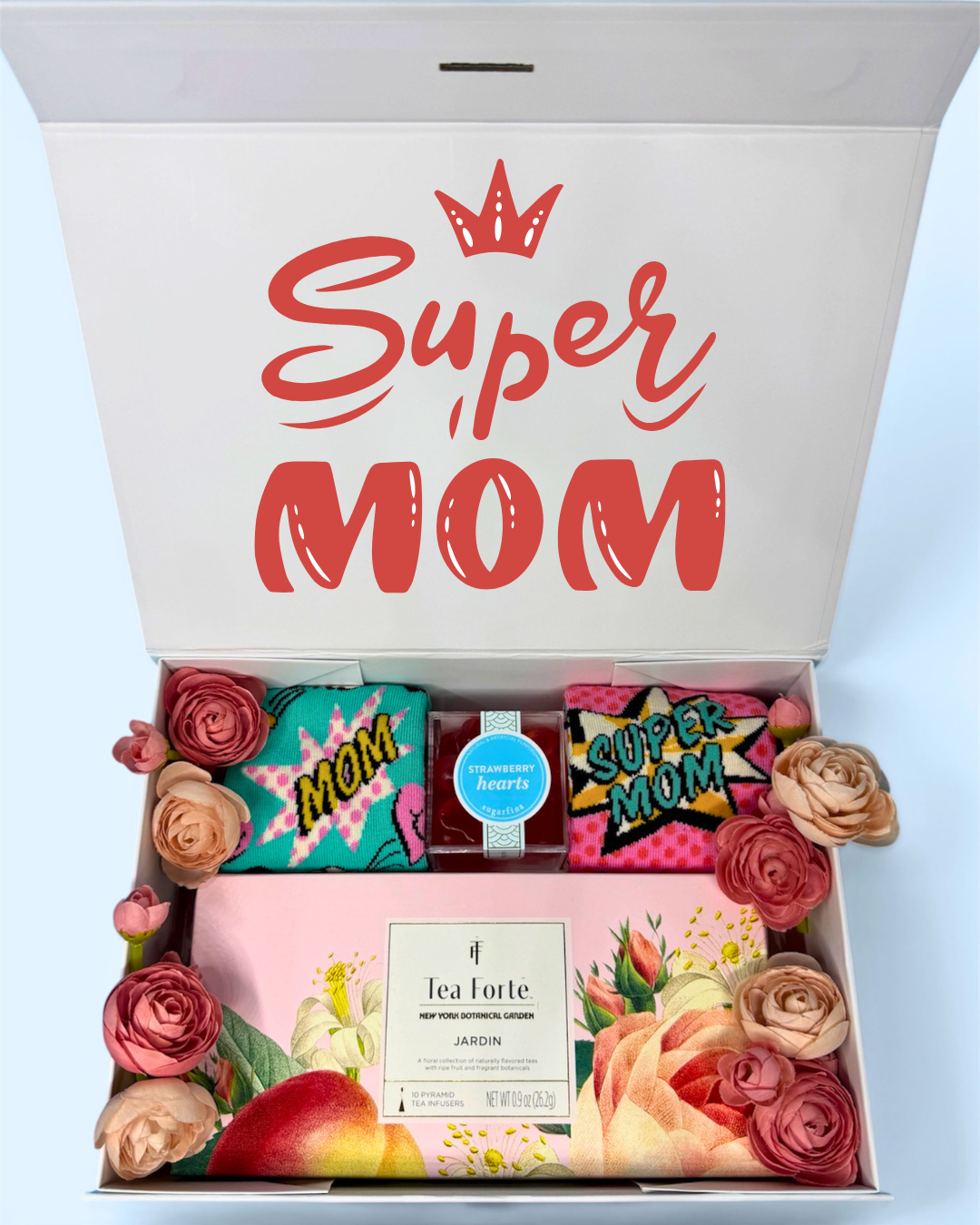 Gift box with 'Super Mom' text, Tea Forte Tea, Sugarfina Candy, and Socks 