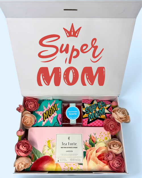 Gift box with 'Super Mom' text, Tea Forte Tea, Sugarfina Candy, and Socks 