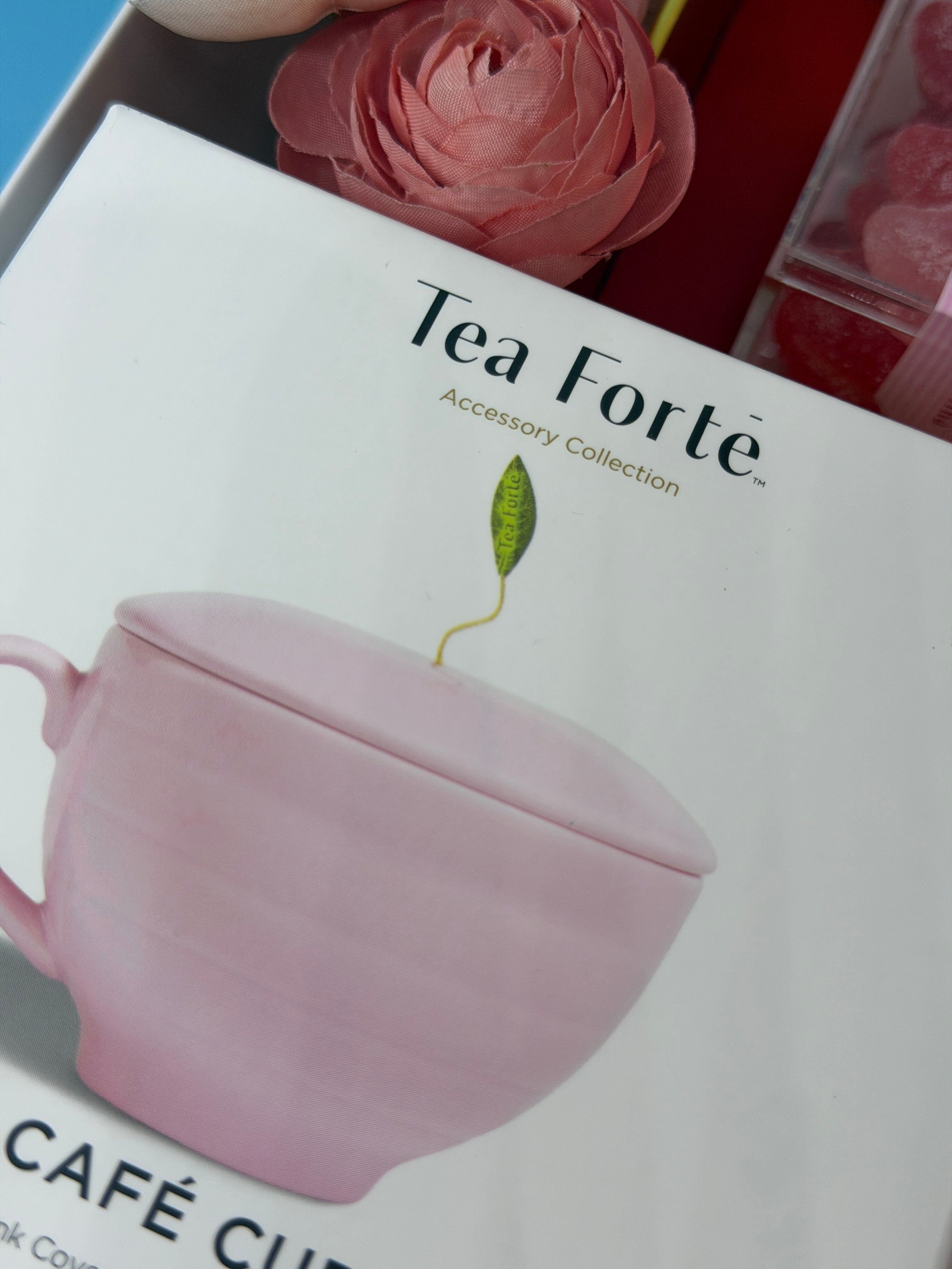 Pink tea infuser with 'Tea Forté' branding on a white box.