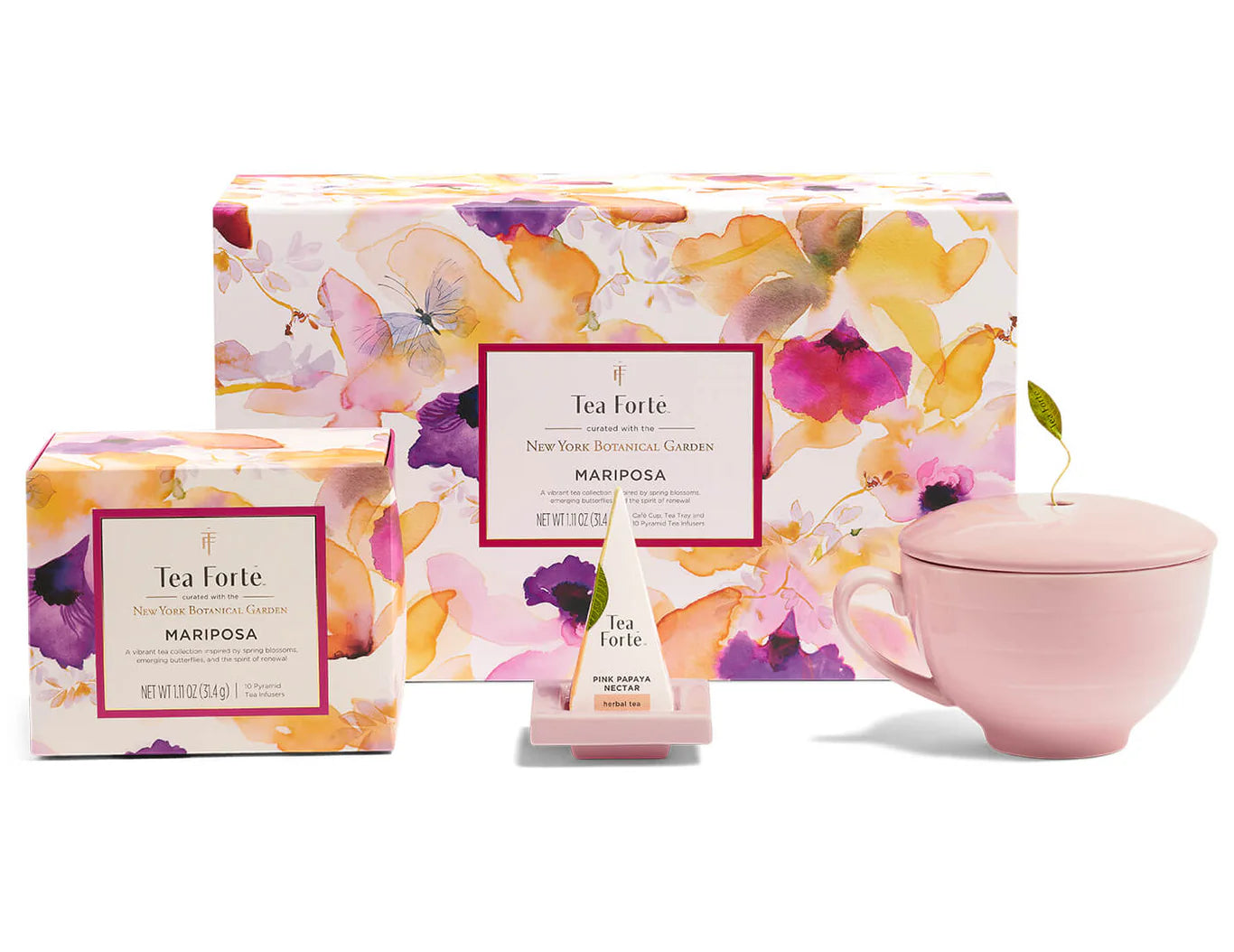 Tea Forte Mariposa tea and cup gift set on a white background