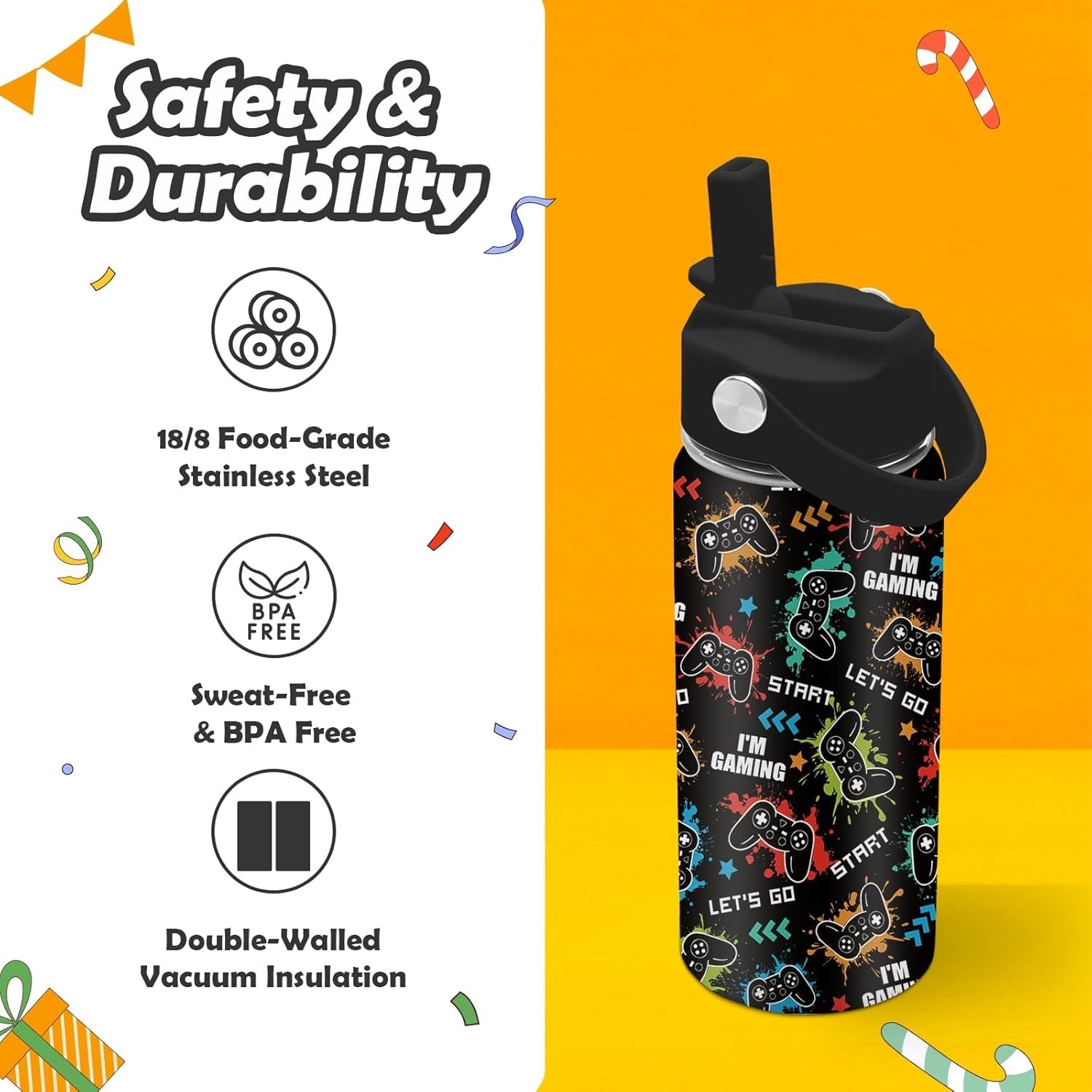 Gaming-themed water bottle with safety and durability features on a colorful background