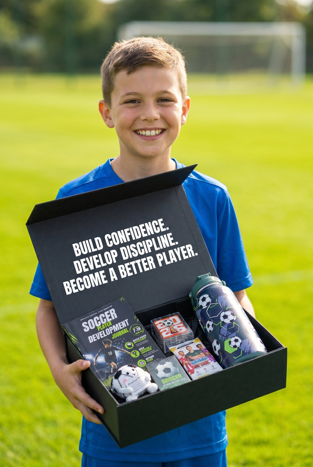 Happy Boy holding a gift box for young soccer fans on a soccer field