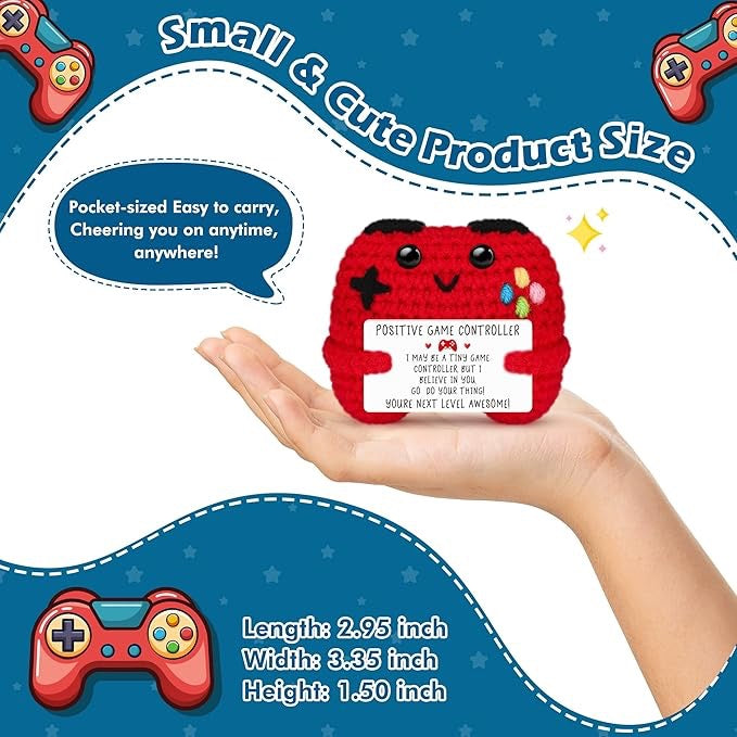 Small red game controller-shaped product held in a hand with text about its size and features.