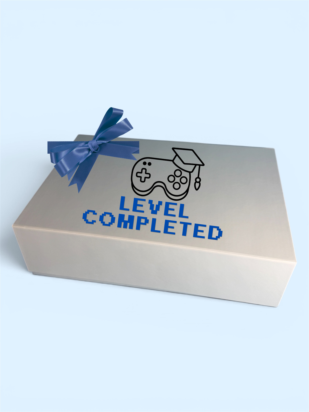 Gift box with 'Level Completed' text and gaming controller icon on a light blue background